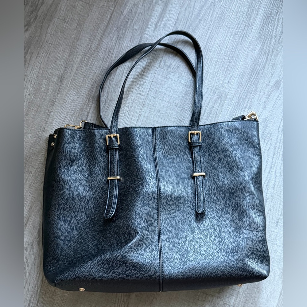 Elegant Black Synthetic Faux Leather Tote Bag With Shoulder Strap, Gold Hardware